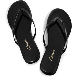 🆕 Black Patent Leather Flip Flops Women’s Dressy Thong Sandals Rubber Sole 2025